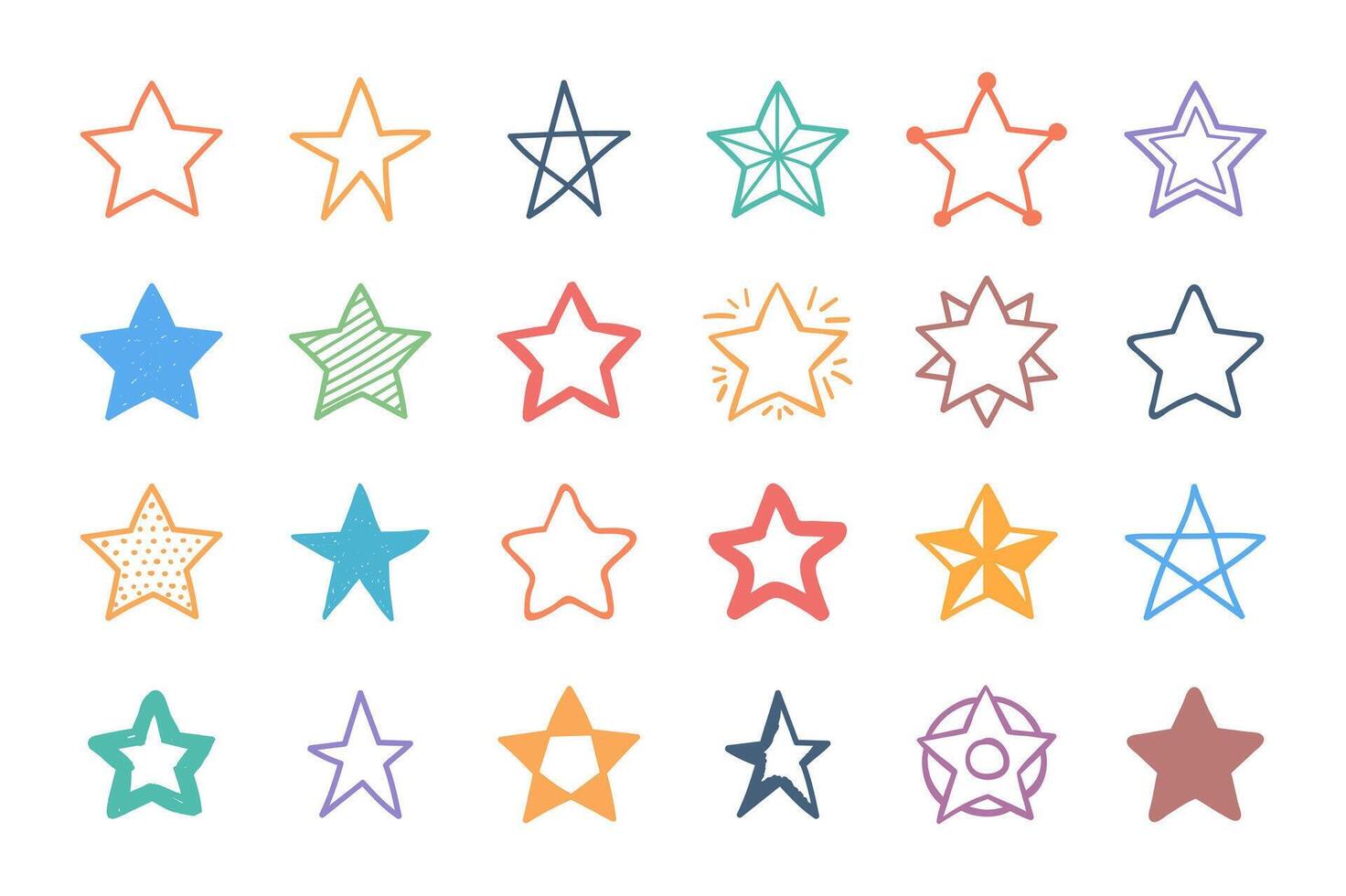 Set of 24 hand drawn colored stars on white background vector