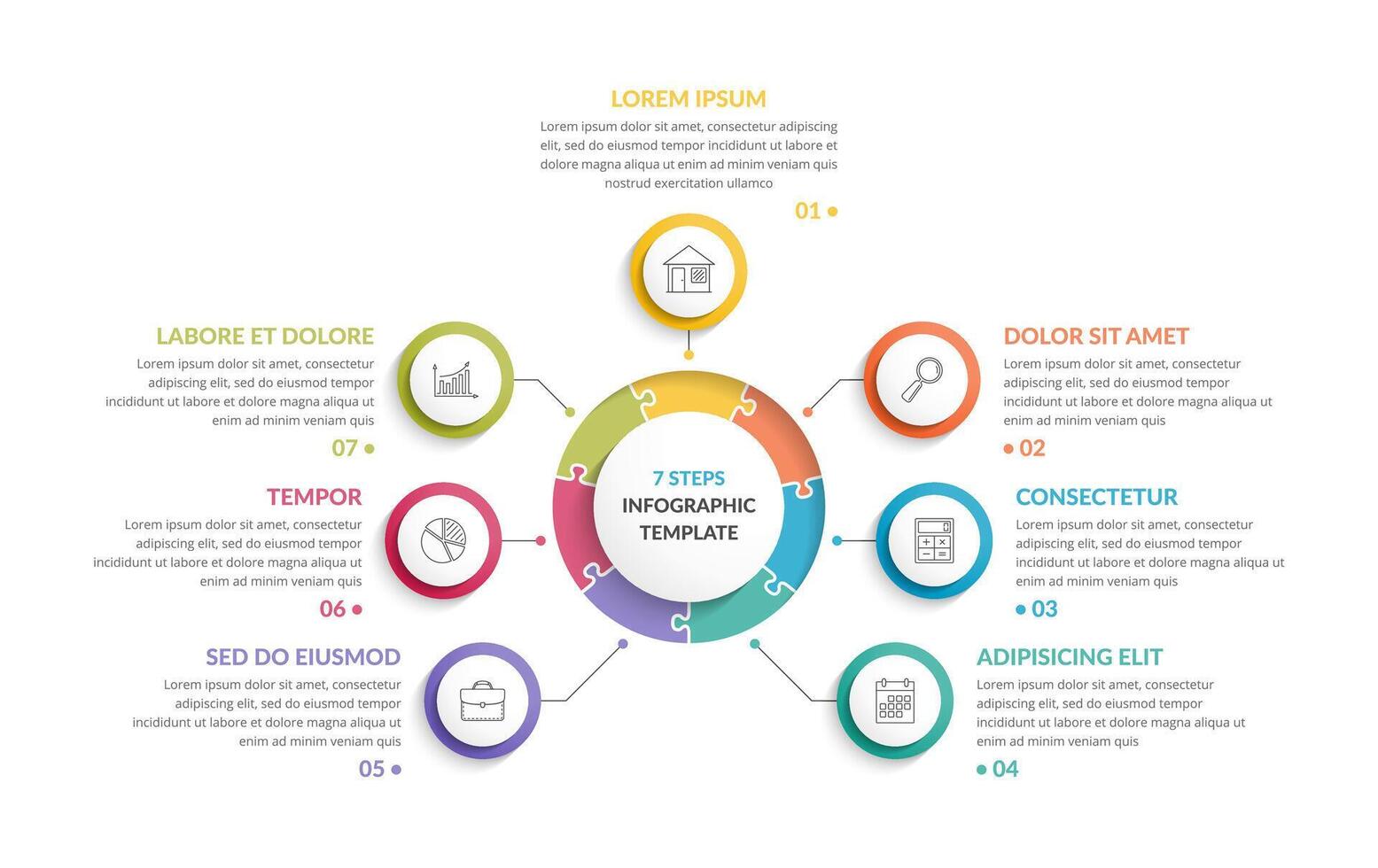 Circle infographic template with round puzzle with seven steps or options, process chart, creative business infographics vector