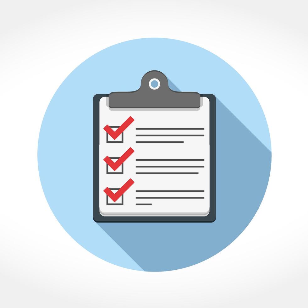 Check list icon in circle, flat design with long shadow vector
