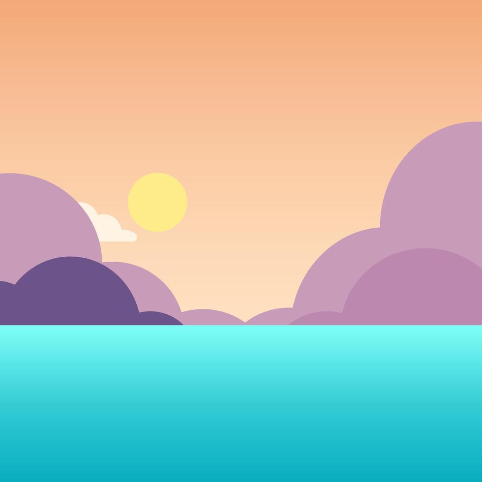 A serene landscape featuring a calm ocean under a pastel sky. The sun sets on the horizon, casting warm colors over fluffy clouds. vector