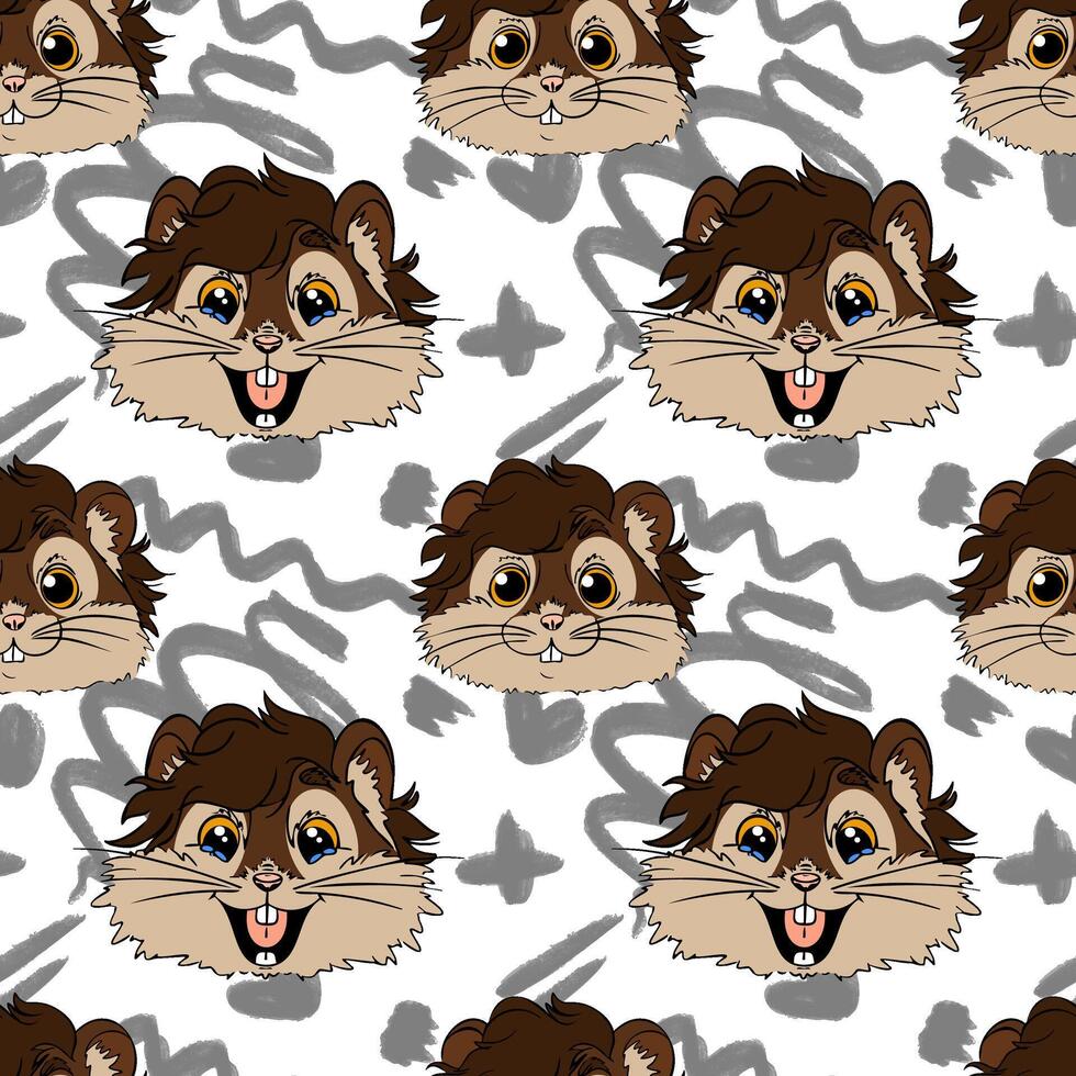 A playful pattern featuring cartoon hamster faces with brown fur and large expressive eyes. The background includes abstract gray shapes. vector