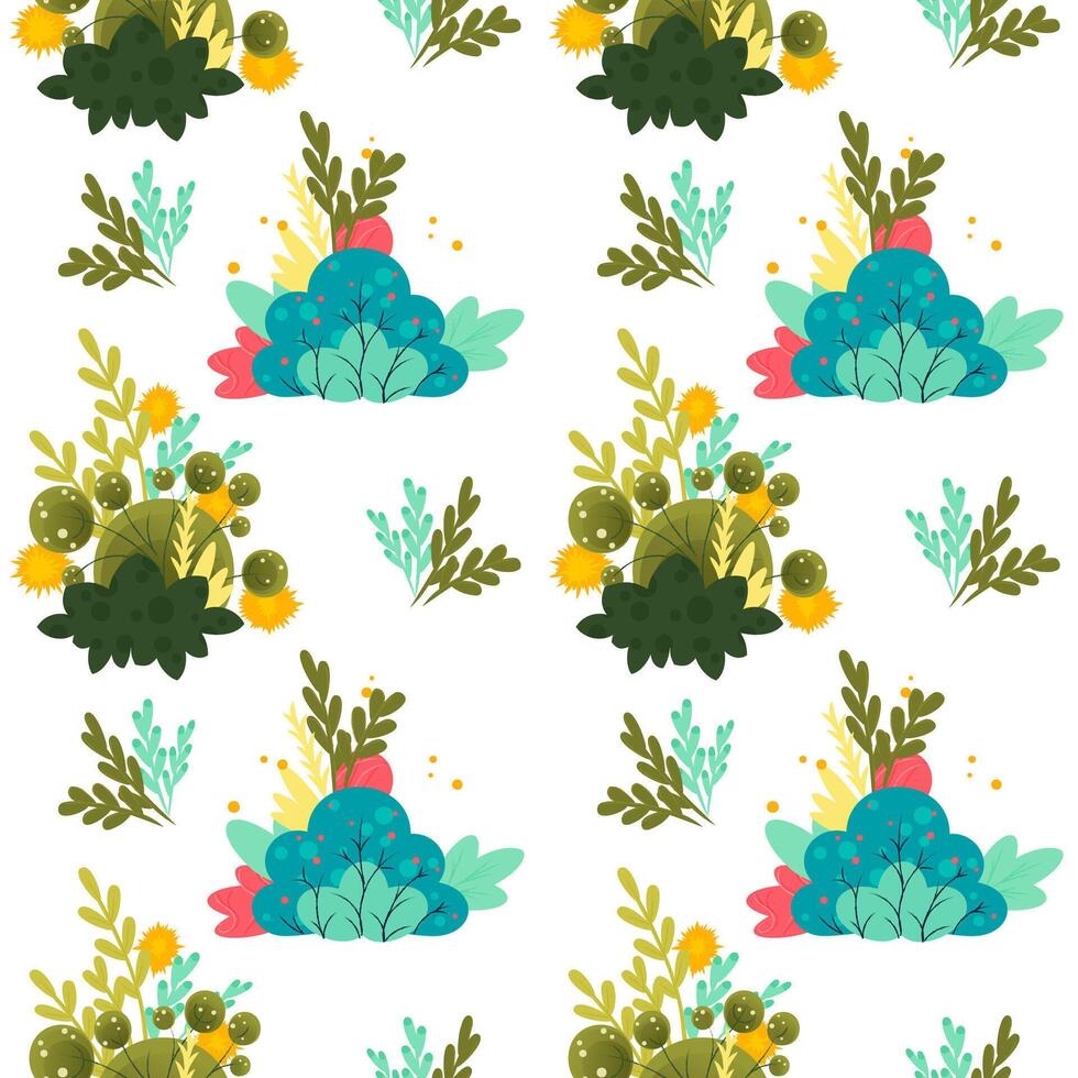 A seamless pattern of colorful plants and foliage. The design features various green leaves, flowers, and abstract shapes on a white background. vector