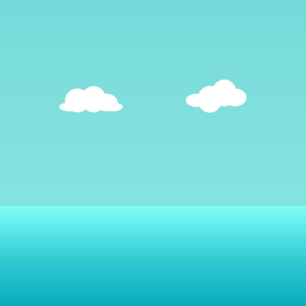 A serene ocean scene with a clear blue sky and two fluffy white clouds. The water is calm and reflects the sky's color, creating a peaceful atmosphere. vector