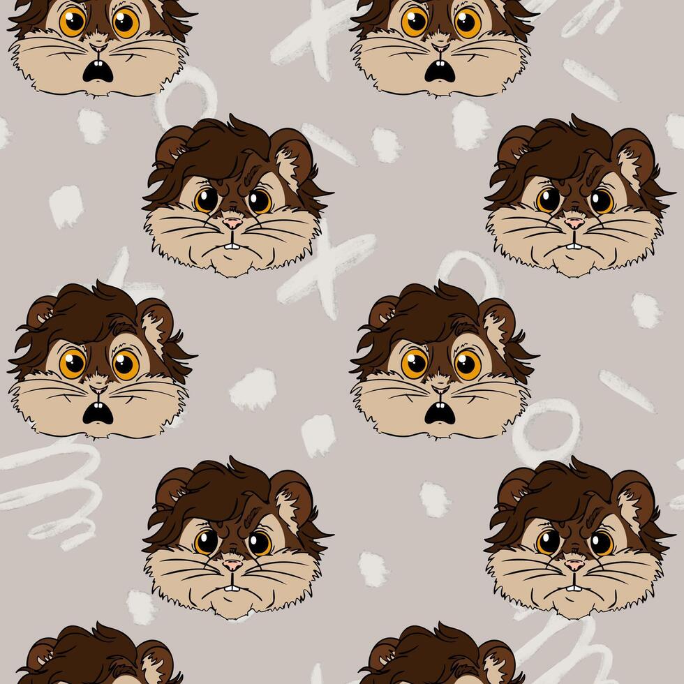 A playful pattern featuring cartoon lion faces with brown fur and expressive eyes on a light gray background. The design is whimsical and suitable for children's products. vector