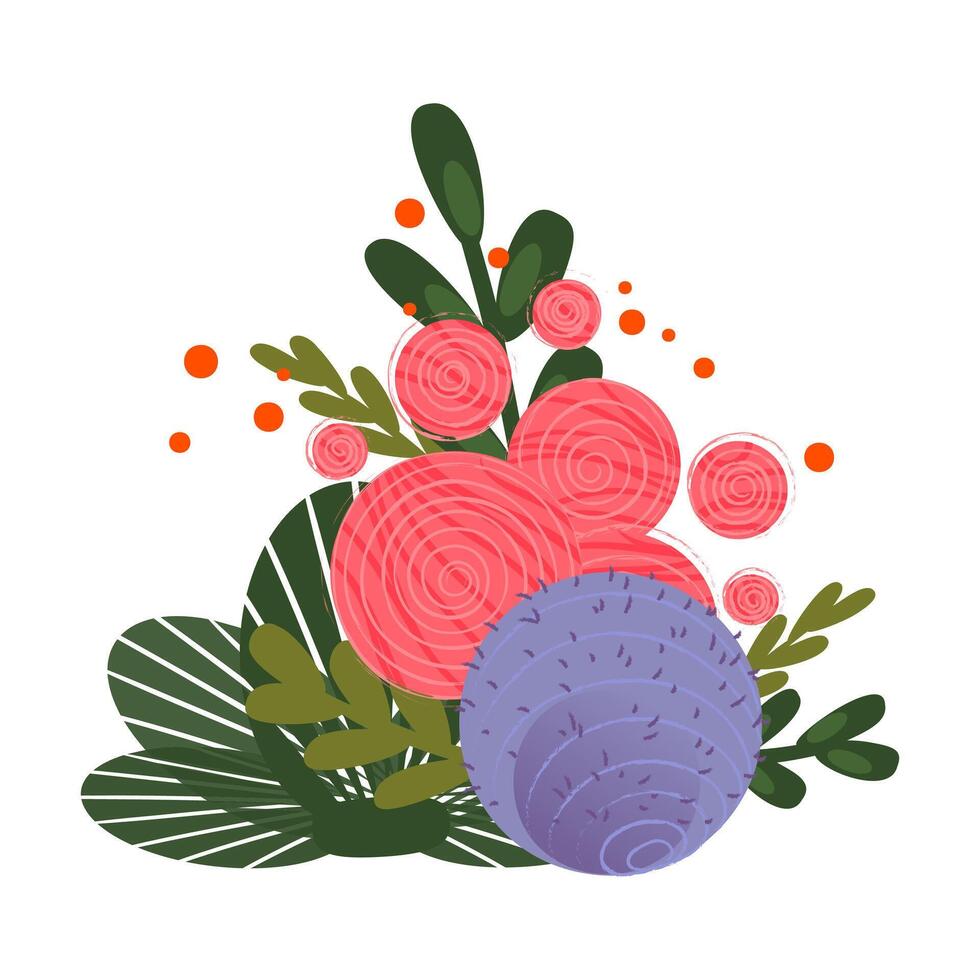 A colorful arrangement of flowers and leaves. The composition includes pink roses, purple spheres, and green foliage, creating a vibrant and lively scene. vector