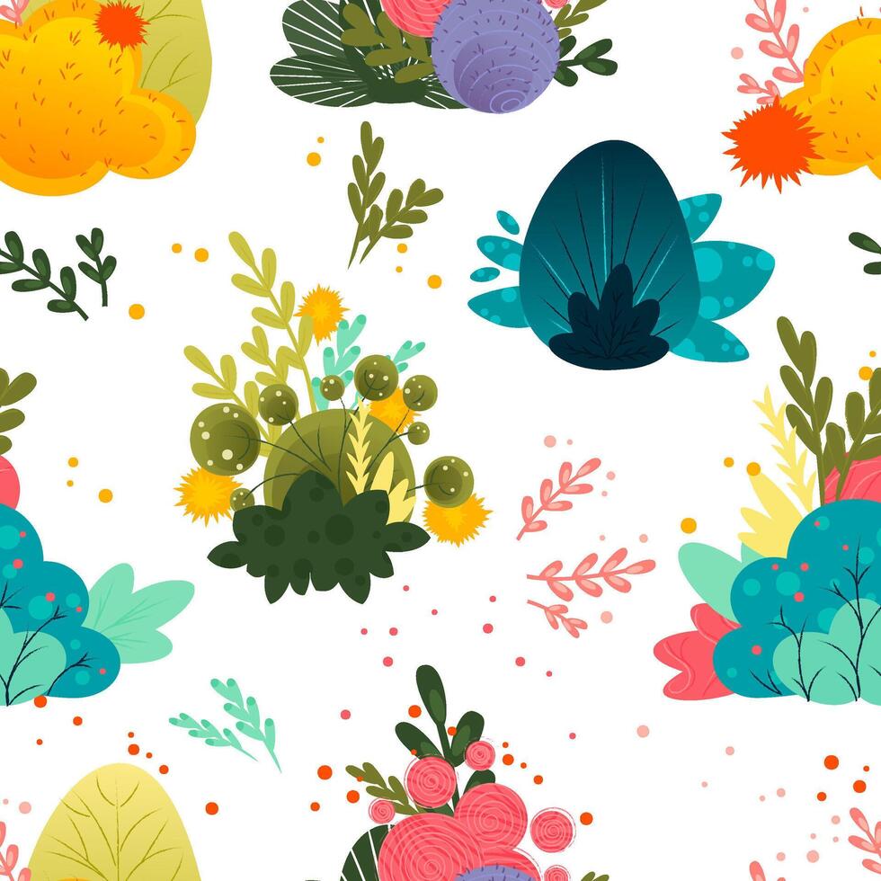 Colorful floral pattern with various plants and flowers. Bright colors include green, pink, yellow, and blue. Ideal for backgrounds and textile designs. vector