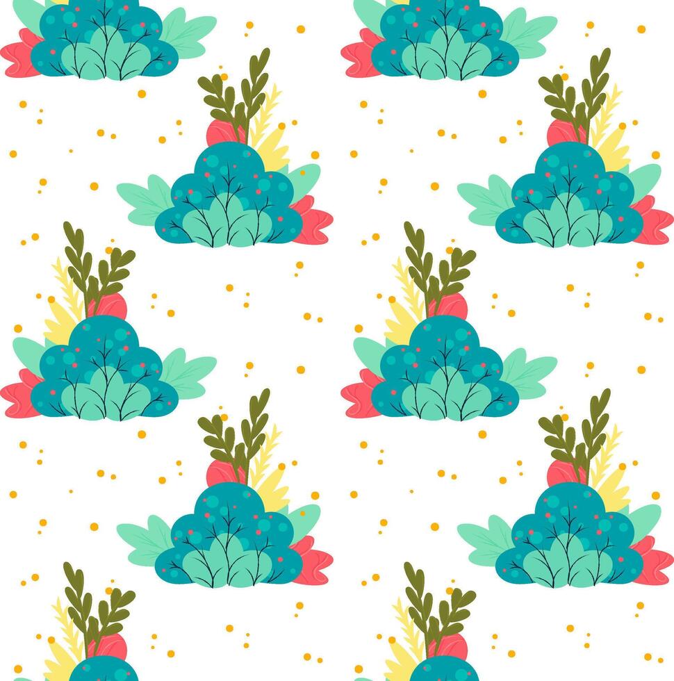 A seamless pattern featuring colorful abstract shapes resembling clusters of vegetables, with green leaves and red accents on a white background. vector