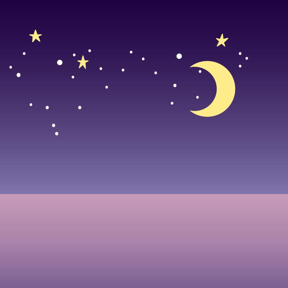 A serene night sky with a crescent moon and scattered stars against a gradient purple background. The scene evokes a calm and peaceful atmosphere. vector