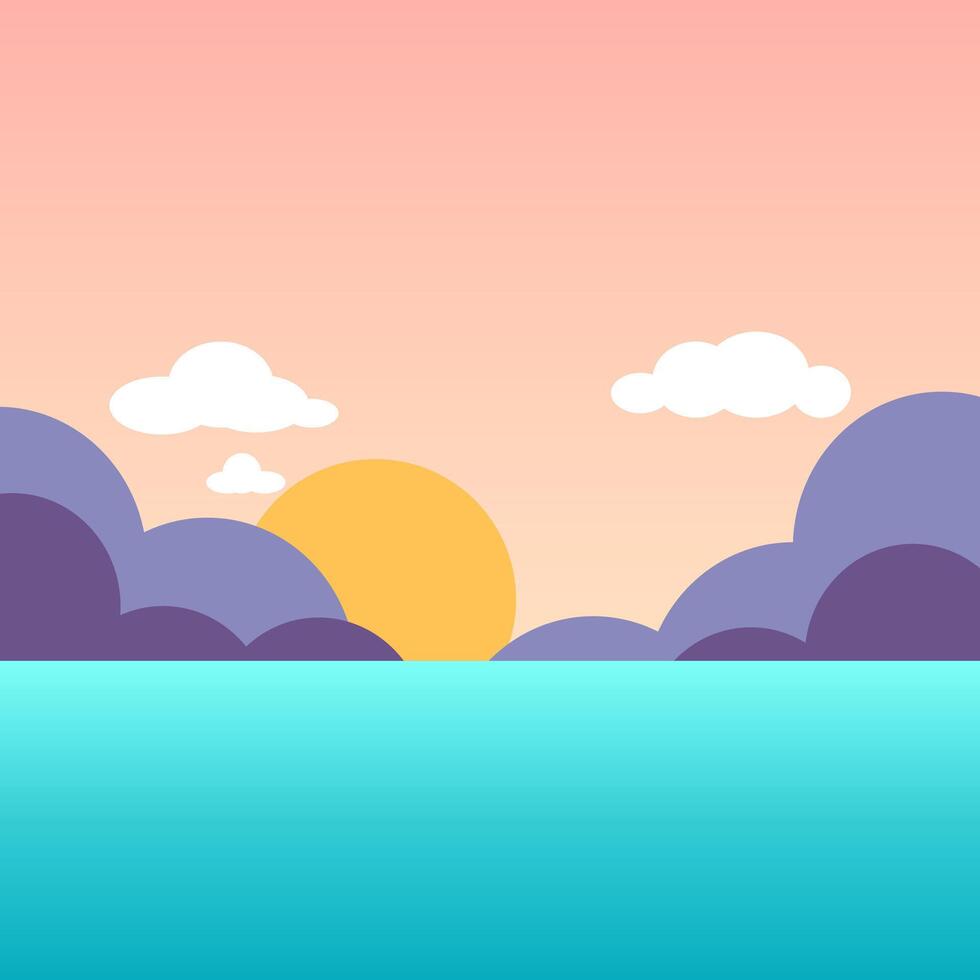 A serene sunset over a calm ocean. The sky features soft pink and purple hues with fluffy clouds. The sun is setting on the horizon, reflecting on the water. vector