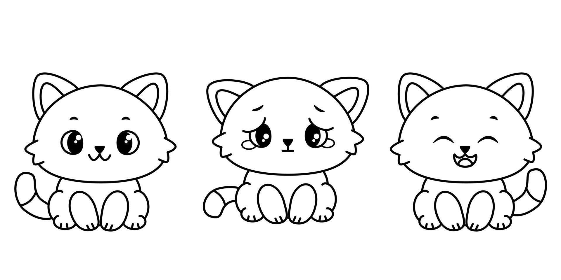 Three cute cartoon kittens with different facial expressions. Smiling, crying, happy. Siamese kawaii kittens sitting in a row on white background. Suitable for children's coloring books. vector