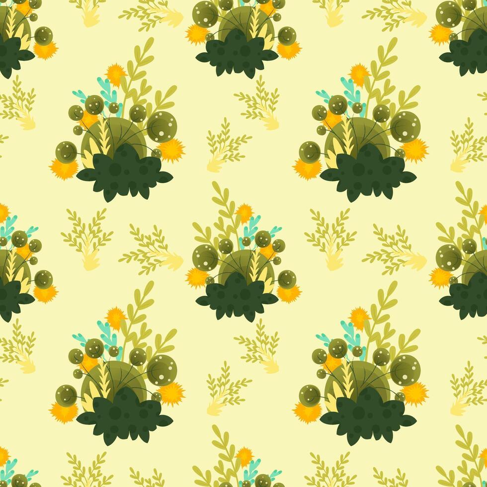 A seamless pattern featuring various green plants and flowers on a light yellow background. The design includes leaves, round shapes, and colorful floral elements. vector