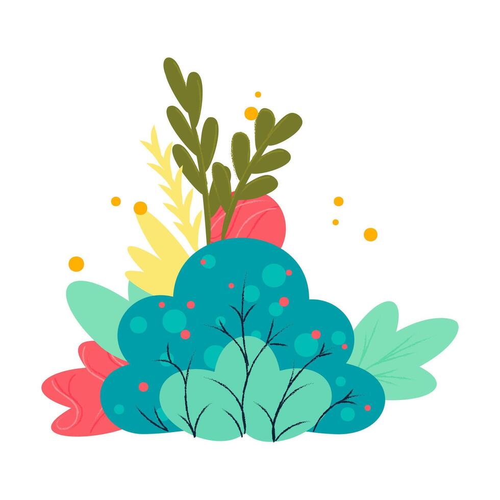 A colorful illustration of various plants and leaves. The design features vibrant greens, blues, and reds, creating a lively botanical scene. vector