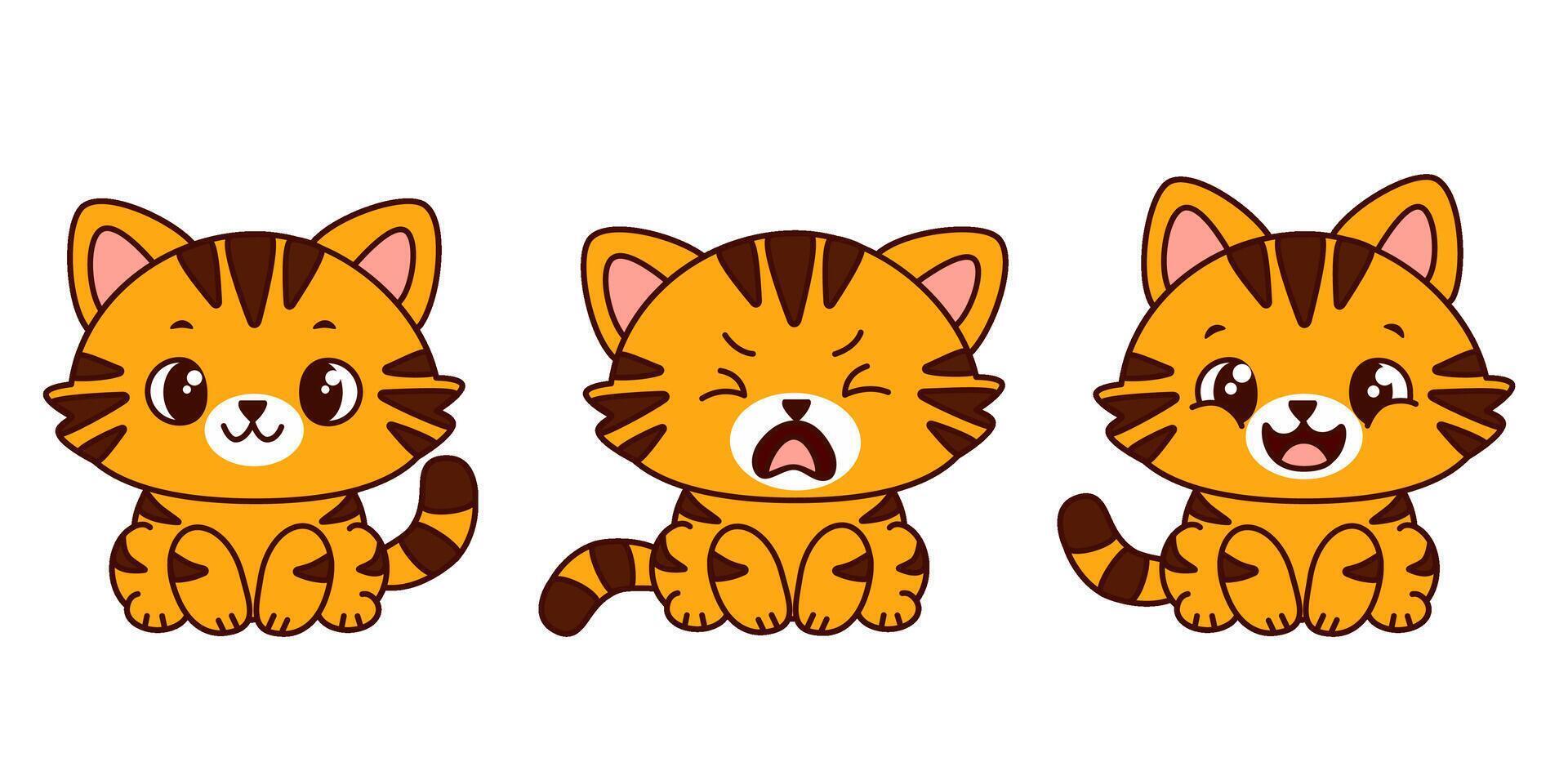 Three cute cartoon ginger kawaii kittens with different facial expressions. smiling, crying and happy. Each cat has different facial features and a playful design. vector