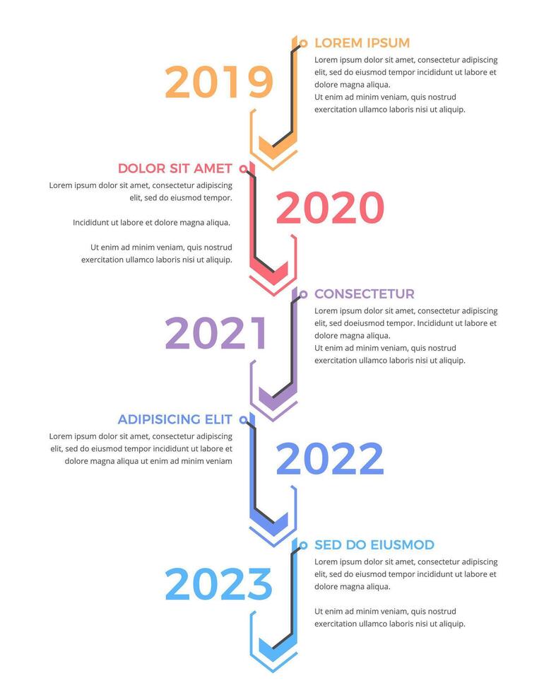 Timeline infographics template with five arrows with place for dates and text vector