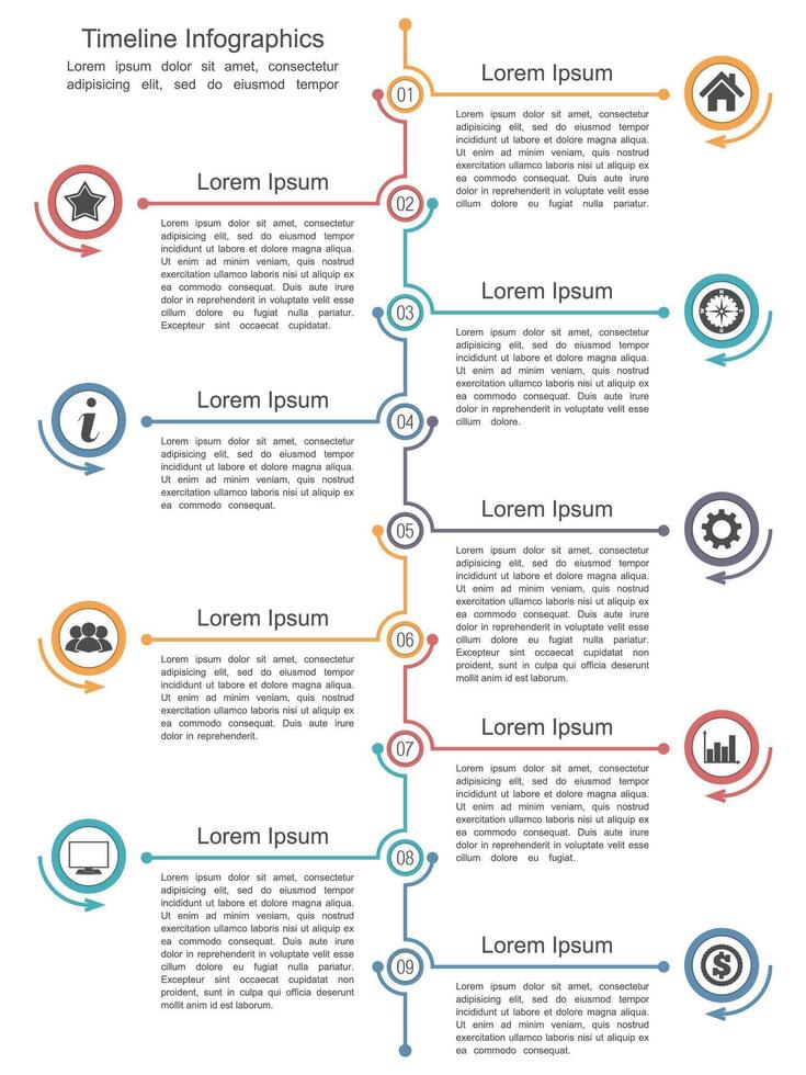 Timeline infographics template with nine elements vector