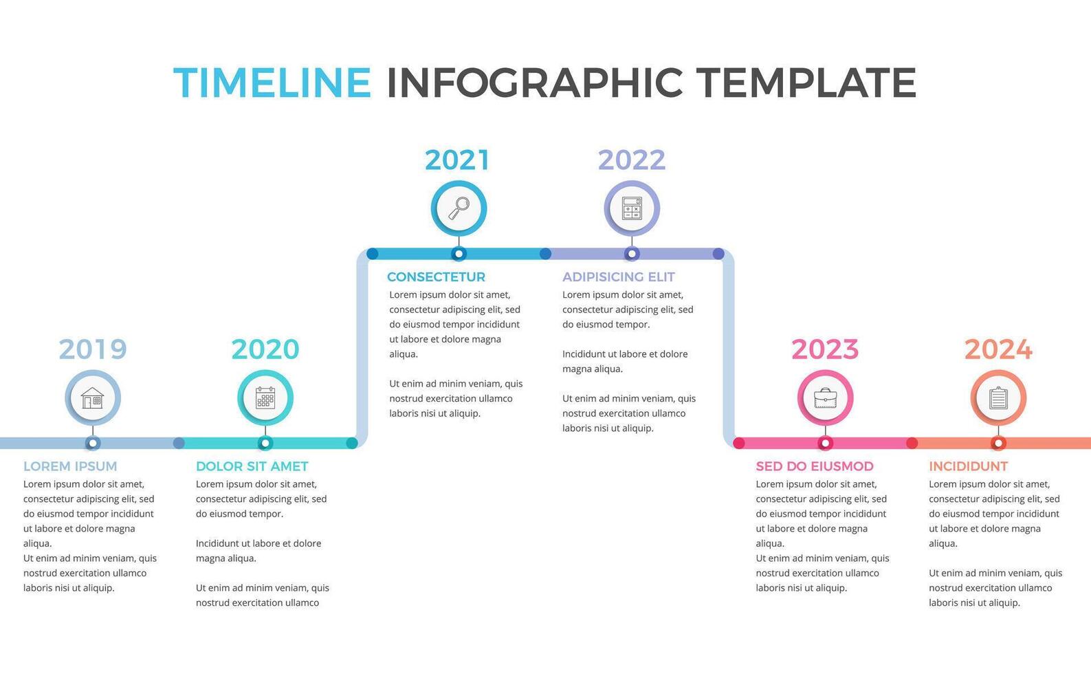 Timeline infographics template with six elements with place for icons and text vector