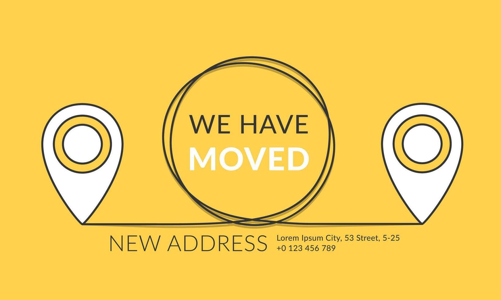 We have moved concept with and map pins and circle in the center on yellow background vector