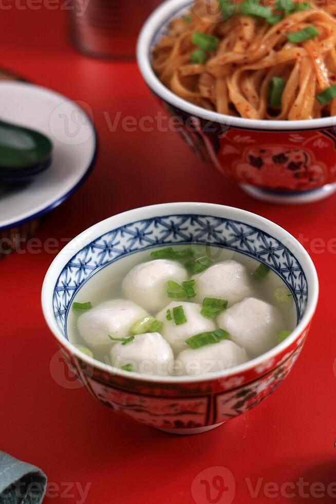 Singapore Fish ball Soup, Clear Soup Broth with White Chewy Fishball and Chopped Spring Onion photo