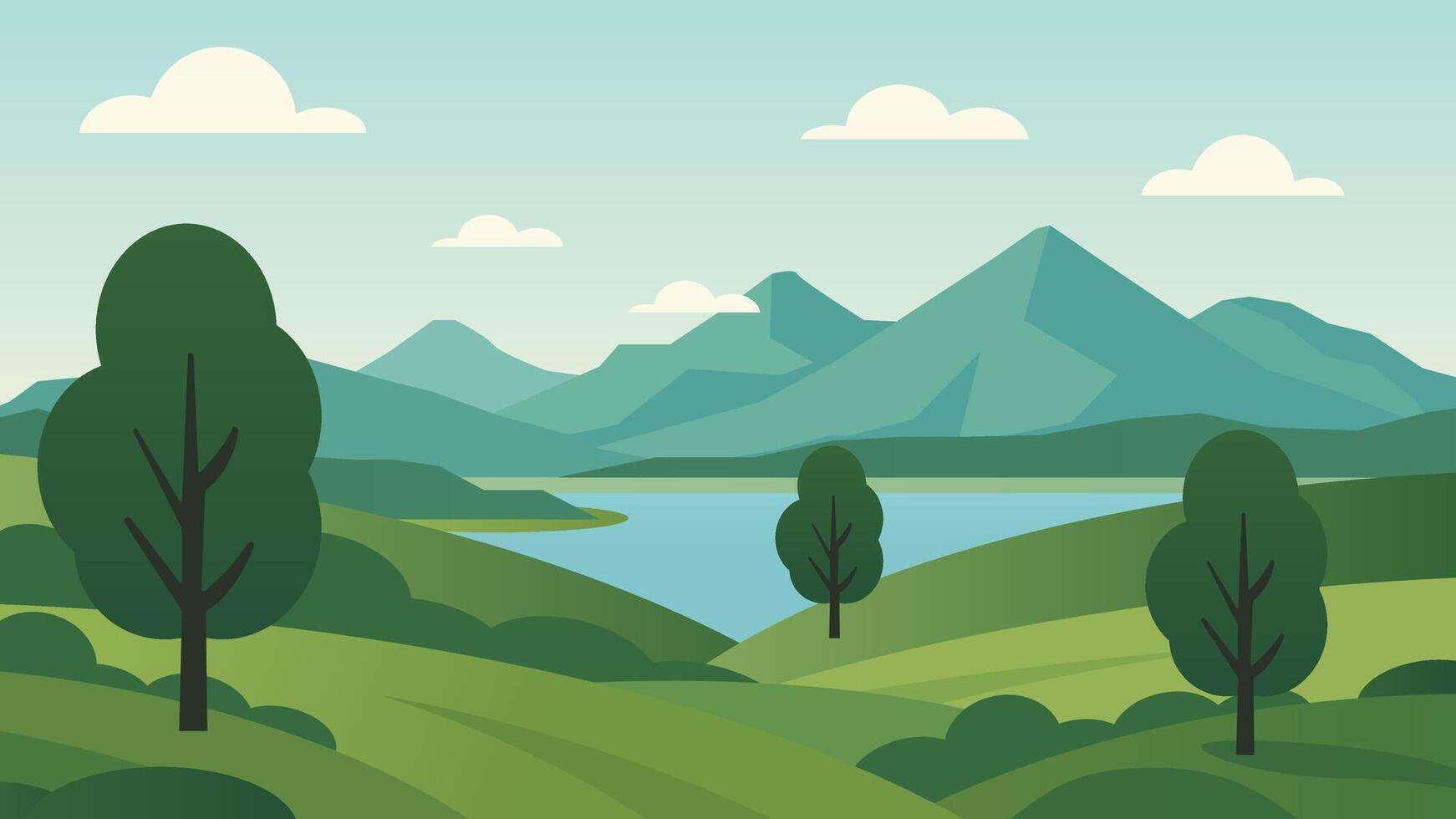 Scenic Mountain Landscape Illustration with Trees, Hills, and Lake - Panoramic Nature Art vector