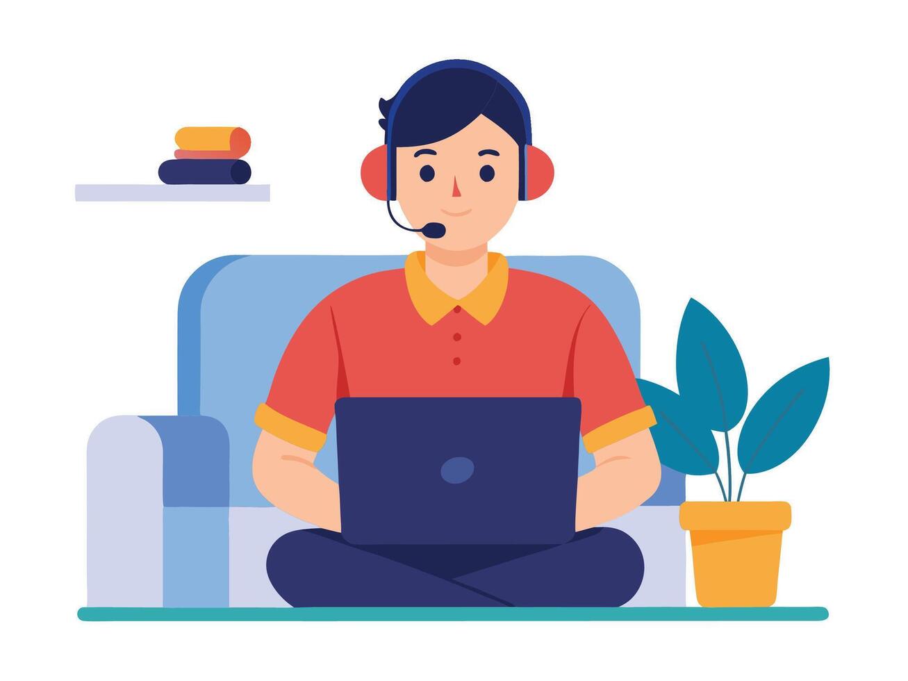 Man with Headset Working on Laptop Customer Support vector
