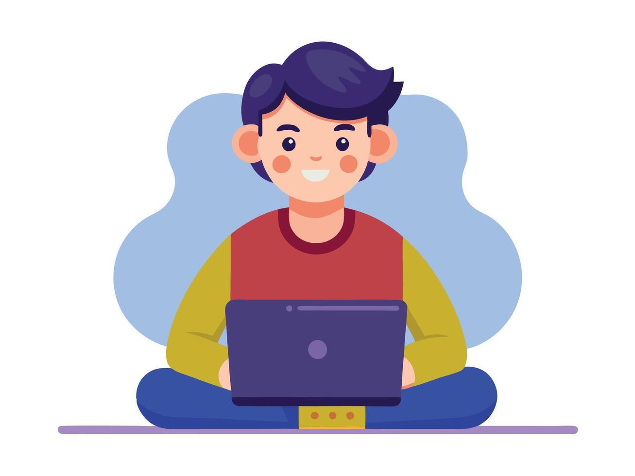 Boy Sitting Cross-Legged with Laptop Flat Design Illustration vector