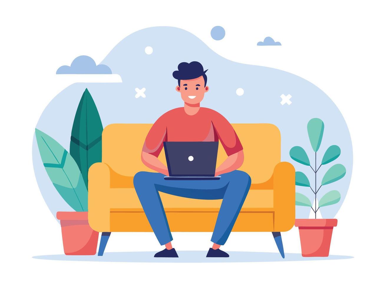 Young Man Relaxing on Yellow Sofa with Laptop Remote Work vector