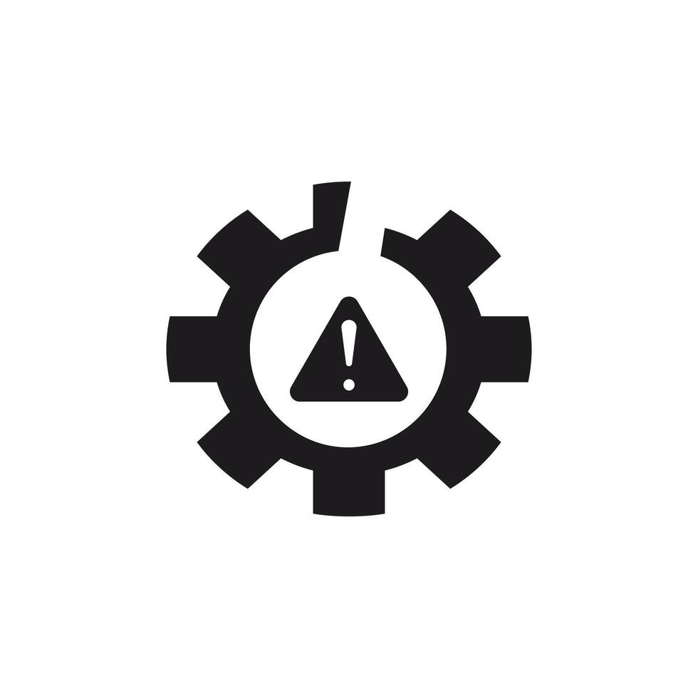 This icon depicts a broken gear with a warning sign in the middle, which symbolizes a system failure, error, or technical problem. This icon uses a glyp style eps file. vector