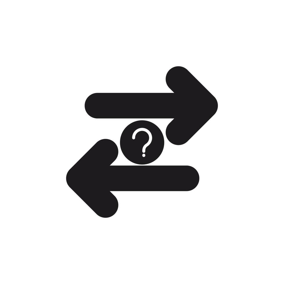A visual representation of exchange, depicted by two opposing arrows meeting around a question mark, symbolizes uncertainty in trade and business scenarios. This icon uses a glyp style eps file. vector