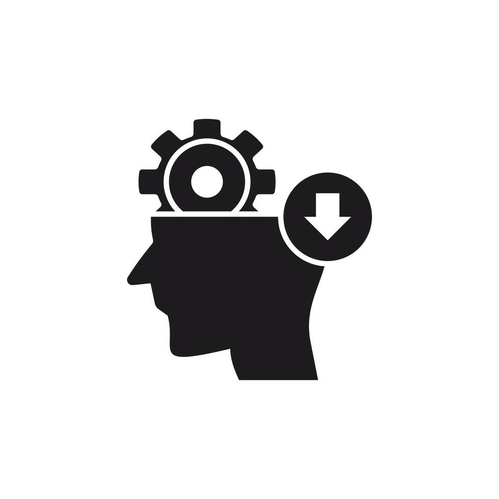 Illustration of a human head with gears inside, symbolizing the thought process, and an arrow pointing down, signifying a decline or negative direction in thought. This icon glyp style ,eps file. vector