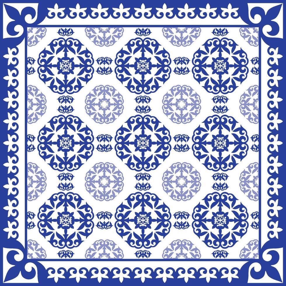 Seamless pattern in traditional style Portuguese tile. Luxury Blue white ceramic tile pattern, azulejo seamless square pattern with damask ornament, arabesque,floral element. Ornament for ceramic tile vector