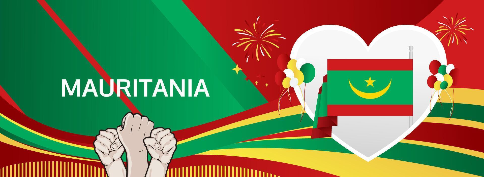 November 28, Happy Mauritania Independence Day banner. Modern festive design. Mauritanian National Day wide background with green, yellow, red colors. Ideal for digital headers. vector