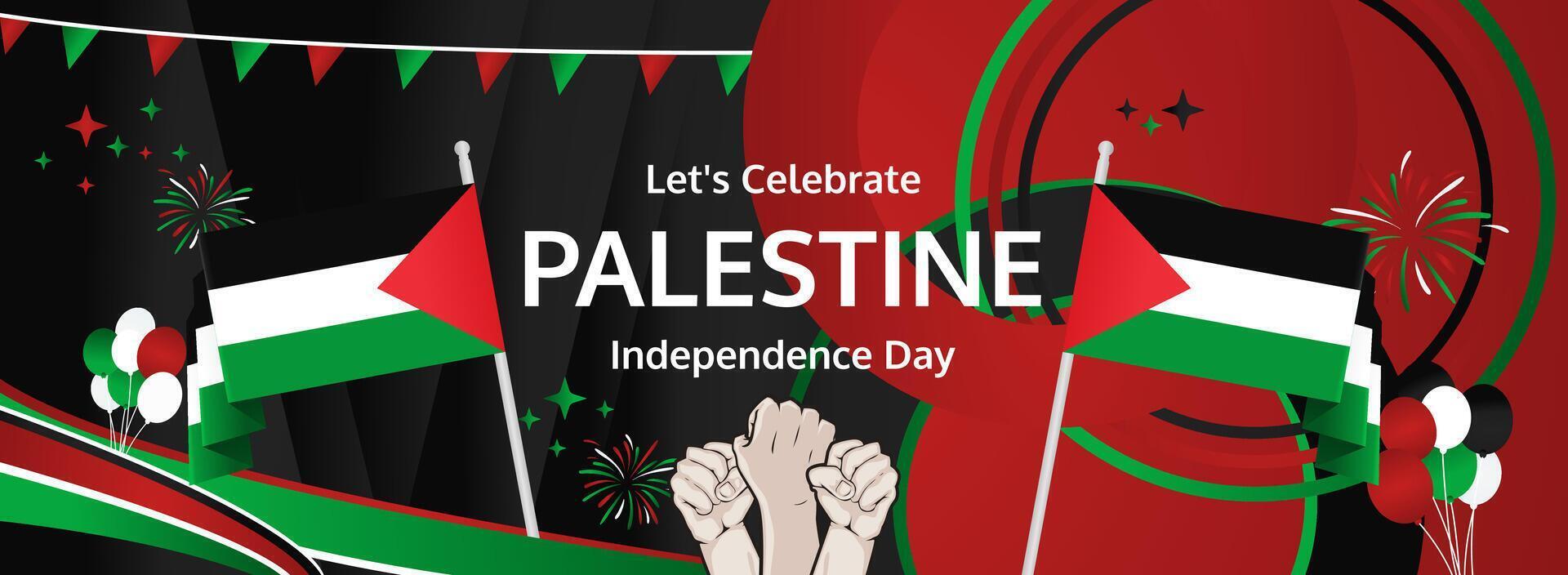 Palestinian National Day banner Nov 15. Modern greeting header. Palestinian flag colors, wide festive background. Ideal for Independence Day travel campaigns. vector