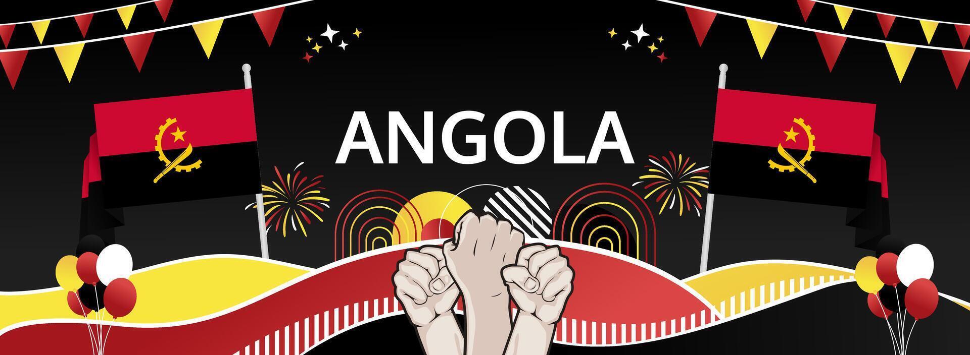 Angola's Enduring Legacy November 11 greeting header. Red black yellow flag colors. Wide festive background. Ideal for Independence Day travel campaigns and digital media. vector