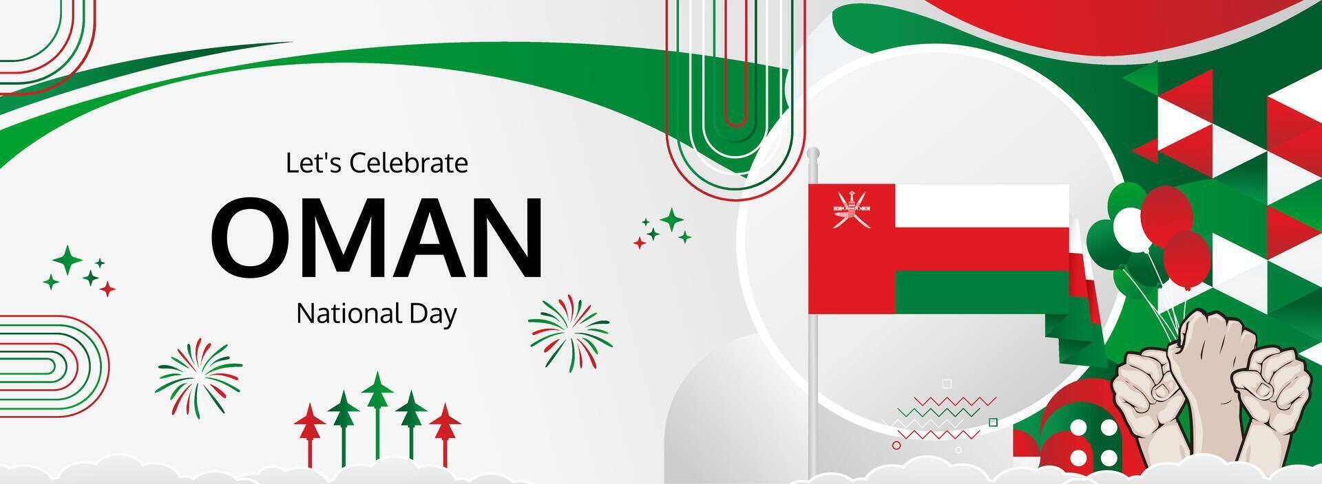 Oman National Day banner Nov 18. Modern greeting header. Oman flag colors, wide festive background. Ideal for Independence Day travel campaigns. vector
