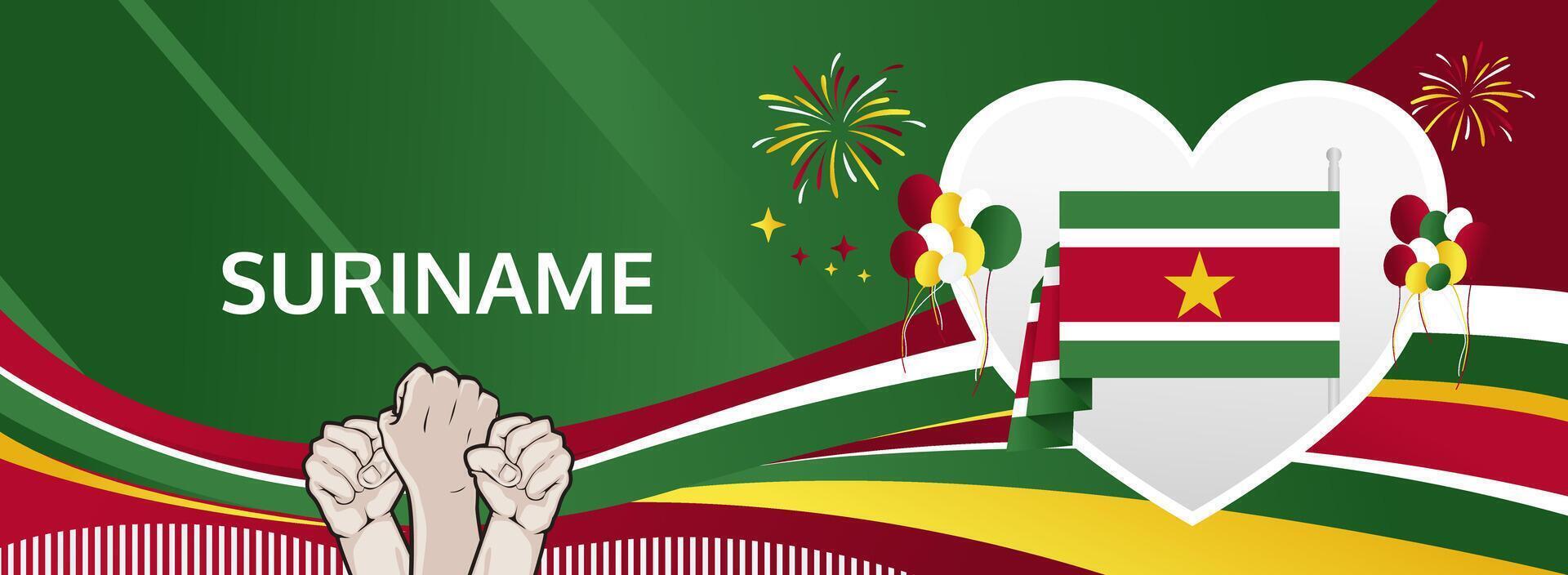 November 25, Happy Suriname Independence Day banner. Modern festive design. Surinamese National Day wide background with green, white, red, yellow colors. Ideal for digital headers. vector