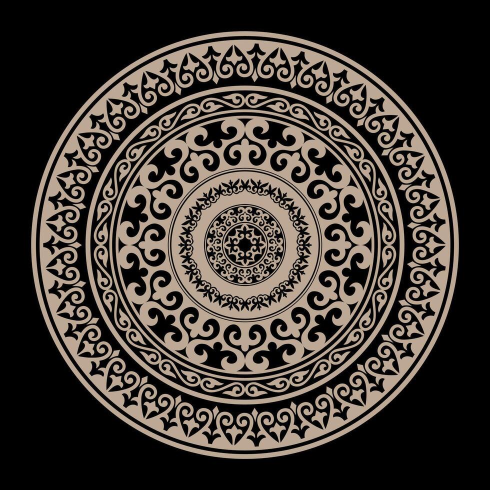Round gold ornament in the form medallion. Gold ornament in Kazakh style isolated on white background. Round decorative Element of the national pattern ancient nomads for clothe, yurt, ceramic vector