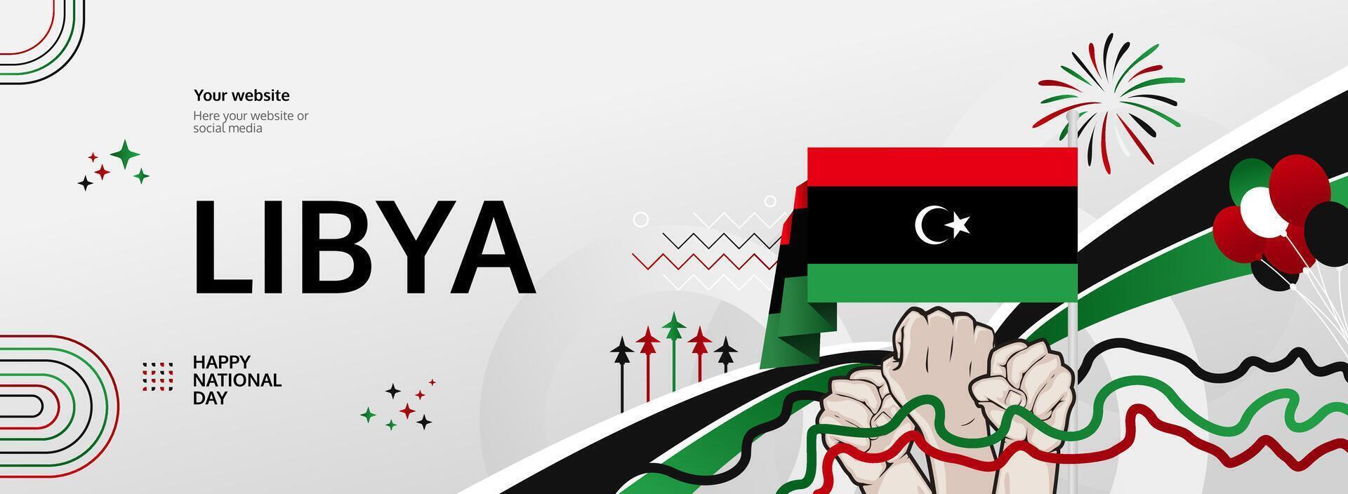 Libya National Day greeting banner. Happy Independence Day, December 24. Modern horizontal design featuring Libyan flag colors. For posters, events. vector