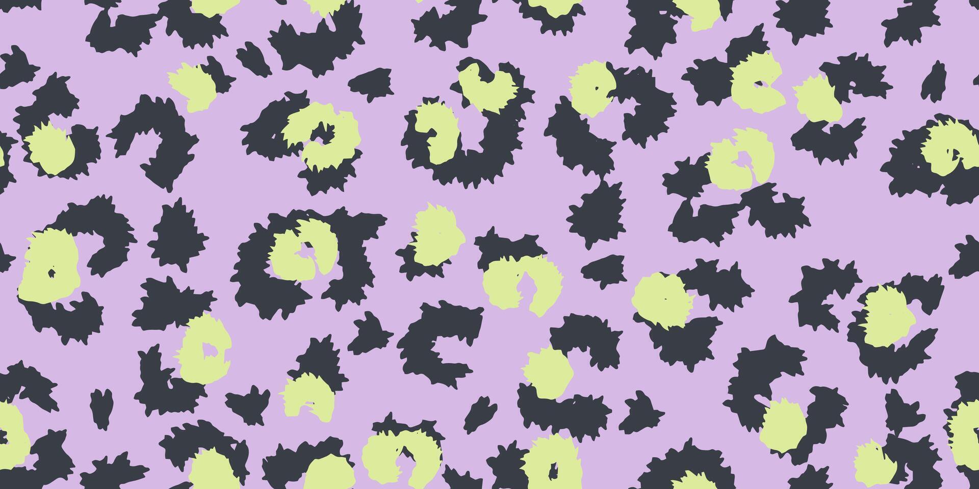 Seamless abstract leopard print pattern with purple, violet background and playful black and green spots. Trendy design perfect for fashion, textile, packaging, and modern branding projects vector