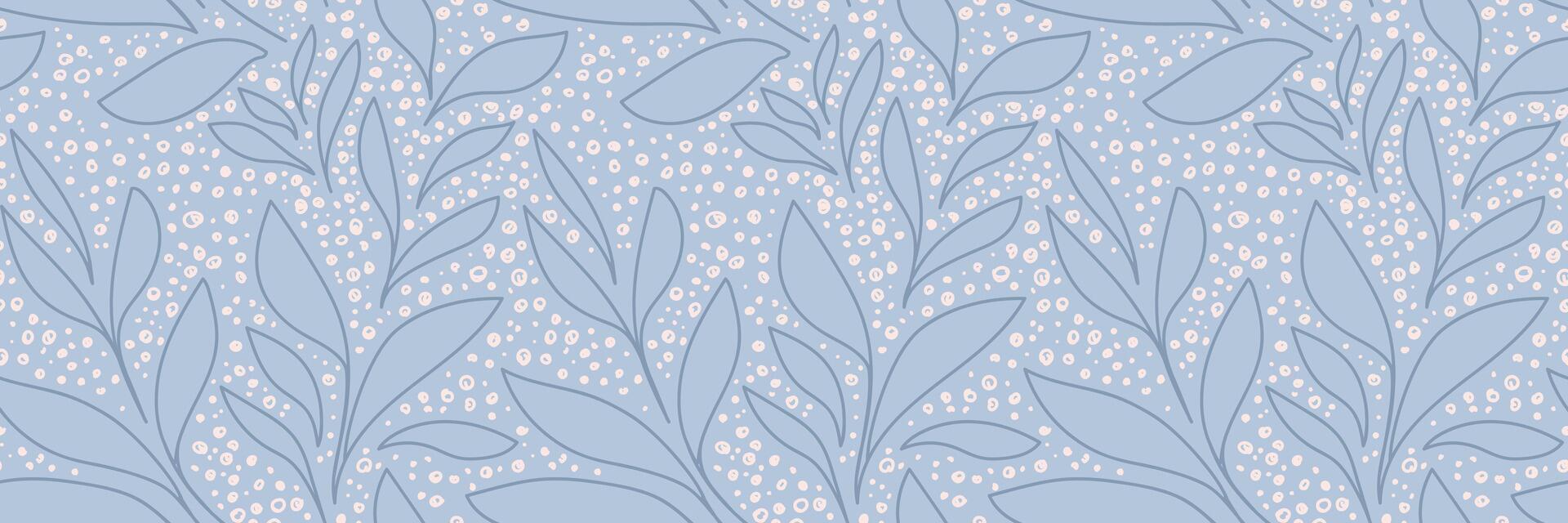 Seamless pattern featuring abstract botanical leaves outlined on a pastel, soft blue background, accented with hand drawn dots. Simple trendy design for textiles, packaging, wallpaper vector