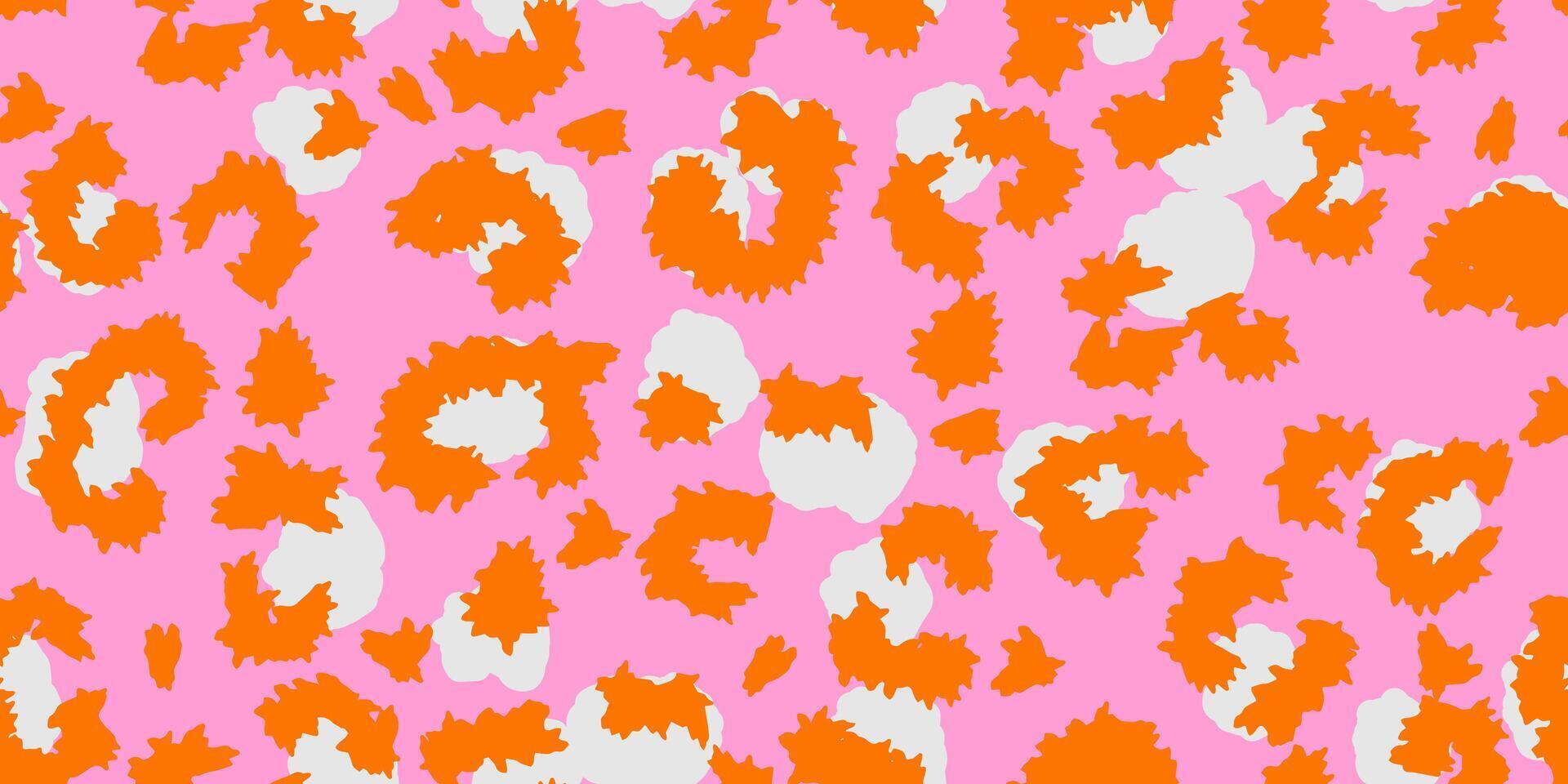 Bold seamless leopard print pattern with orange and white spots on a bright pink background. Ideal for modern fashion, digital paper, kids apparel, trendy textile, statement designs vector