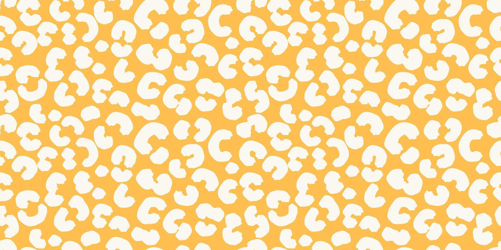 Plain seamless leopard print pattern with white spots, organic shapes on a yellow background. Bold, modern, and trendy design for textiles, fashion, digital wallpapers, creative branding projects. vector