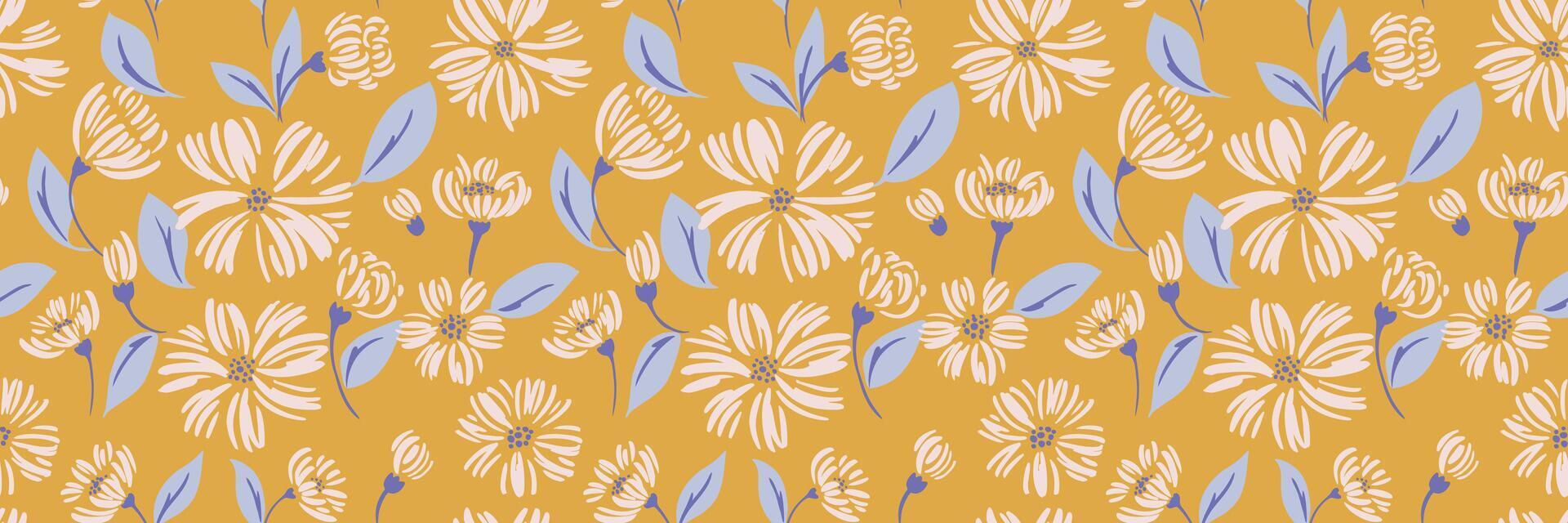 Seamless floral pattern hand drawn flowers with leaves on a mustard yellow background. Simple print design for textiles, wallpapers, and packaging with a delicate, spring-summer inspired aesthetic. vector