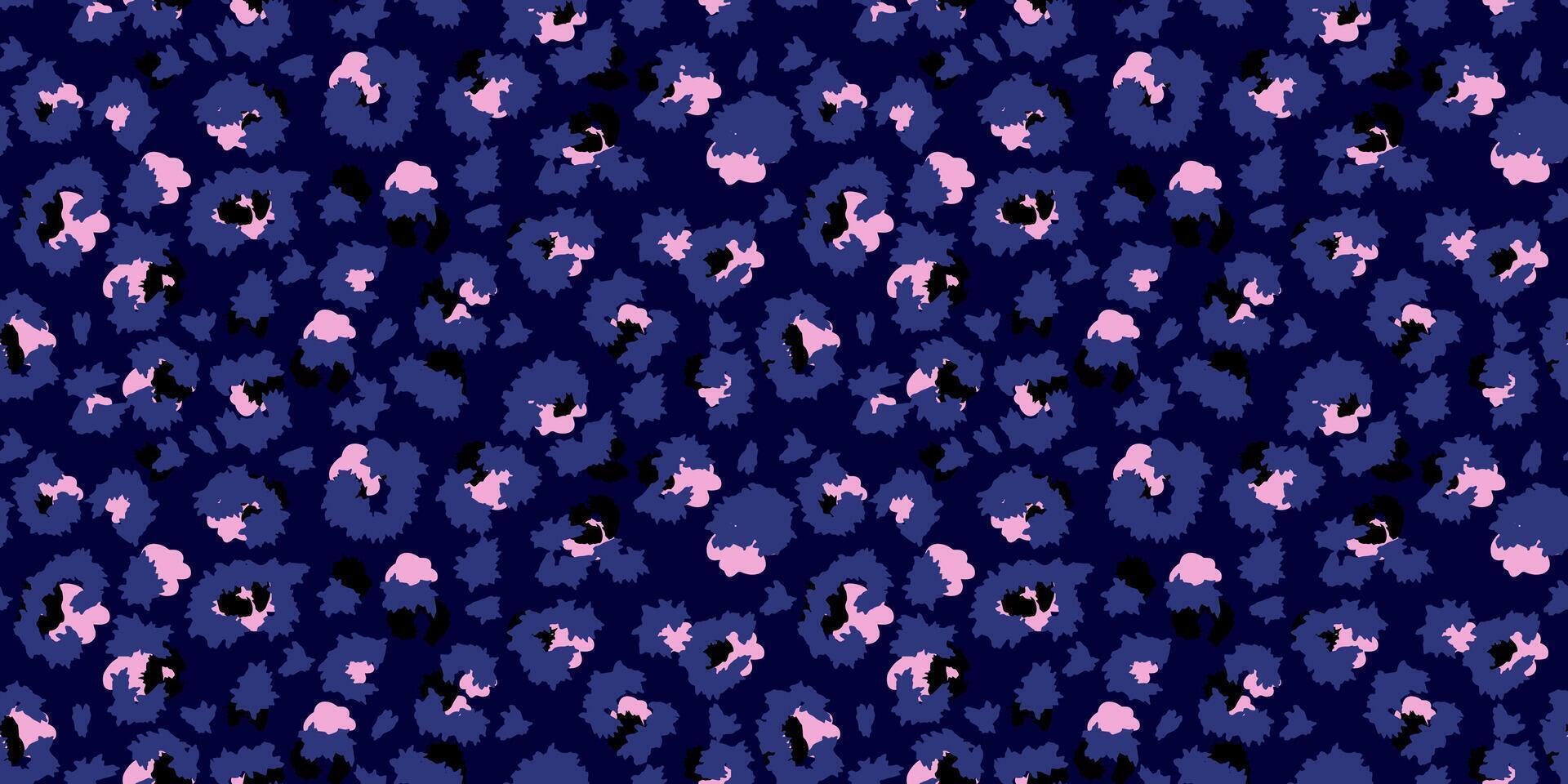 Bold leopard-inspired seamless pattern with blue spots on a navy background. Perfect for fashion, textiles, wallpapers, and graphic design projects with a stylish trendy animal print vibe. vector