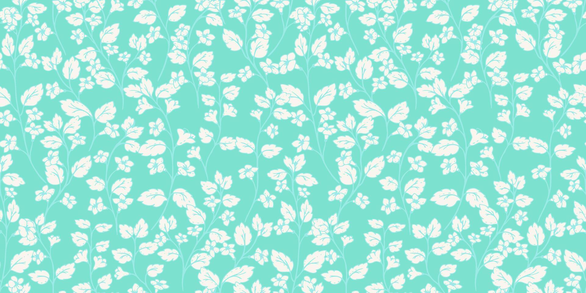 Seamless pattern featuring delicate forest flowers and leaves in turquoise tones. Hand drawn botanical elements create a vintage, elegant, and timeless design, ideal for textiles and wallpapers vector