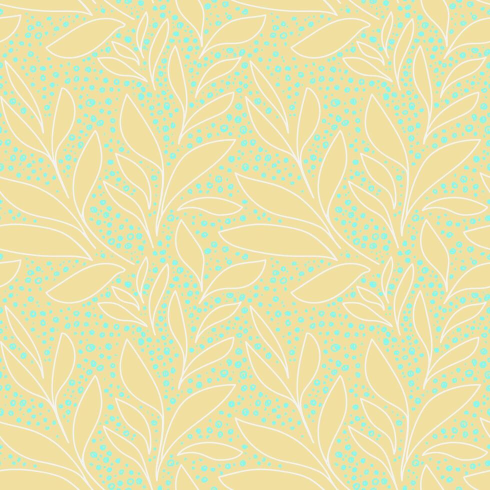 Seamless pattern with abstract leaves and delicate blue dots on a soft yellow background. Simple design for textiles, packaging, stationery, modern botanical themed vector