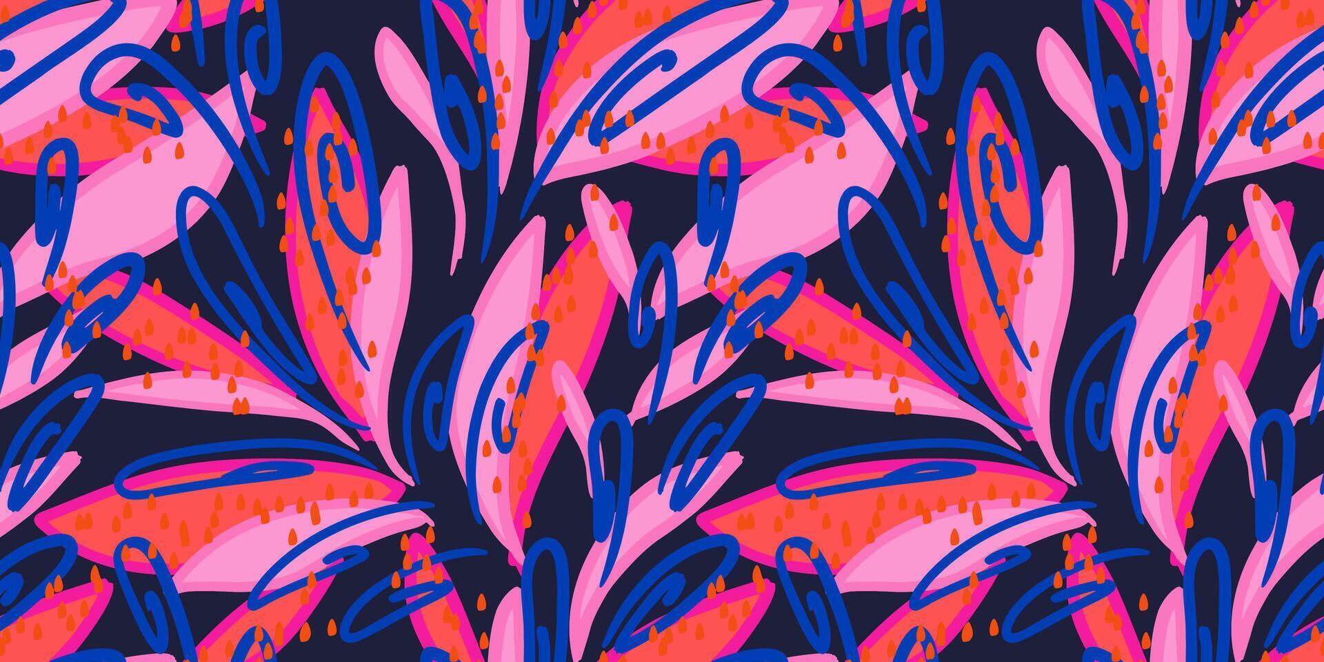 Vivid seamless pattern with abstract swirling shapes on a black background. hand darwn. Unique organic shapes, flowing lines, and dynamic composition print. Perfect design for fabric vector
