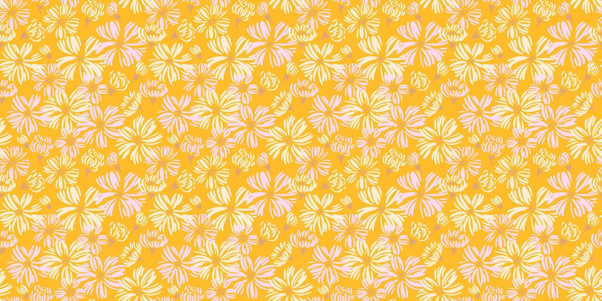 Abstract shape daisy flowers pattern on a yellow background. hand drawn sketch. Stylized simple floral print. Summer meadow. Nature ornament design for fashion, fabric, textiles vector