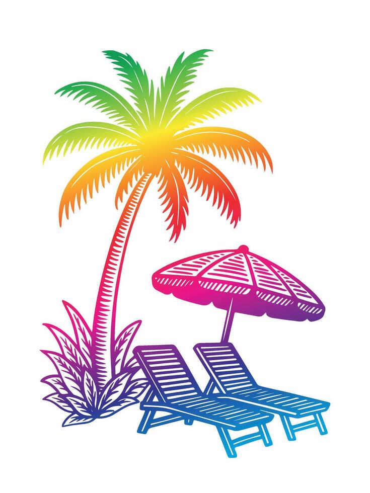Colorful tropical illustration featuring a palm tree, sun, beach umbrella, and lounge chairs, creating a vibrant summer vacation atmosphere with relaxation and leisure vector