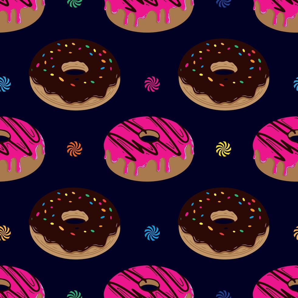 Seamless pattern of colorful donuts illustration featuring chocolate and pink frosted donuts with sprinkles on a black background, creating a fun and playful design for various applications vector