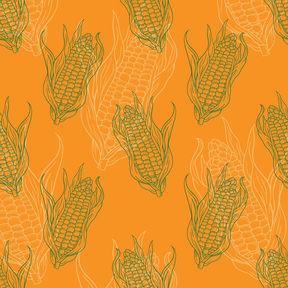 Seamless pattern of hand drawn corn isolated on yellow background vector